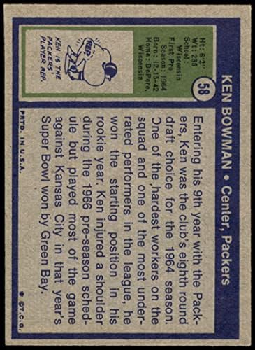 1972 Topps 58 Ken Bowman Green Bay Packers (Foci Kártya) VG/EX Packers Nagykanizsa