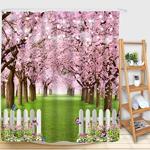 Lofaris 72x72 Hüvelyk Tavaszi Kerti Zuhanyzó Függöny Rózsaszín cseresznyevirág Zöld Fű, Pillangó, Virág, Fürdőszoba Decor