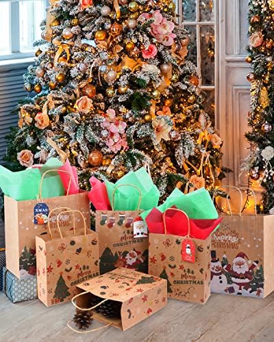 IGbunify 24 Db Vegyes Méretű Karácsonyi Kraft Ajándék Táskák Kezeli，Karácsonyi Édesség Táskák Iskola Karácsonyi Ajándék Csomagolás