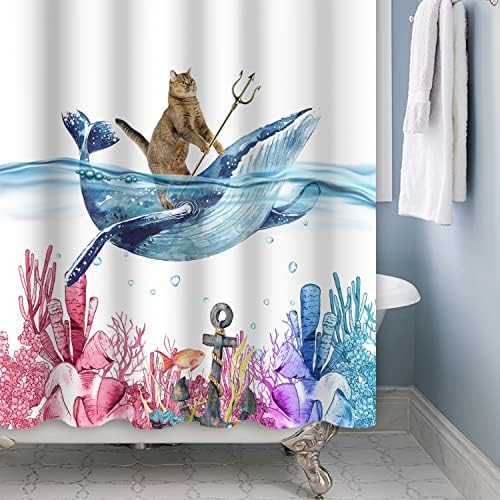 ChloropLastid Vicces Macska zuhanyfüggöny Gyerekek Aranyos Macska, Lovagló Bálna Zuhanyzó Függöny Szett Aranyos Fürdőszoba