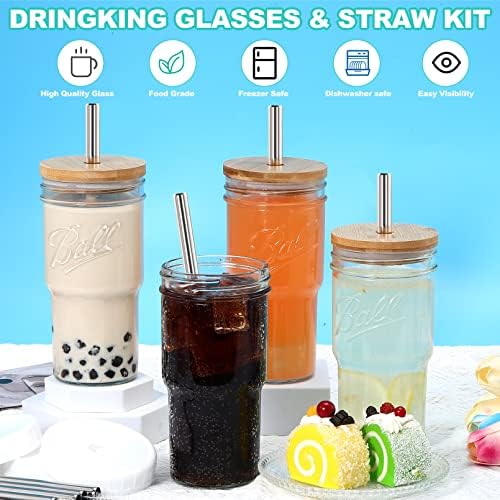 RAIBEATTY 4 Csomag Üveg Poharak,24oz Befőttesüvegben ivópohár a Bambusz Fedelek Szívószál & Légmentesen záródó Fedéllel,Újrafelhasználható