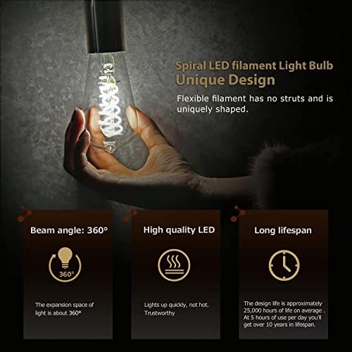 Kiraralite ST19(ST58) Edison LED Izzó, Klasszikus,6 Csomag,Természetes Fehér 4000K, Antik Flexibilis Spirál LED Izzószálas