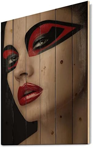 DesignQ Vörös Ajkak, Fekete Smink A Szemét A Maszk A Nők Modern & Kortárs Fa Fali Dekor, Piros Fa Wall Art, Nagy Emberek,
