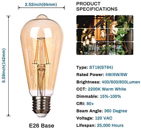 ÚJ FÉNYEK 4 Csomag Vintage Edison LED Izzók ST64 8W Szabályozható LED Izzószálas Villanykörte, 2200K Meleg Fehér, Antik E26