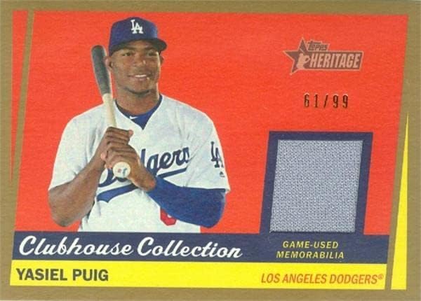 Yasiel Puig játékos kopott jersey-i javítás baseball kártya (Los Angeles Dodgers) Topps Klubház Gyűjtemény CCRYP ARANY