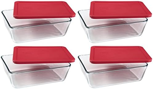 PYREX Konténerek Egyszerűen Store 6-kupa Téglalap alakú Üveg Élelmiszer Tárolására Piros Műanyag burkolatok ... (Pack 4 Konténerek)