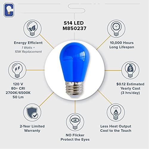 Candex Kék S14 String Fény LED 10W Egyenértékű 1W Izzó, E26 Közepes Bázis, 2700K Meleg Fehér, Nem Szabályozható (2 Csomag)